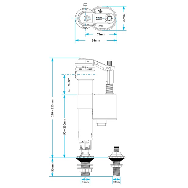 Skylo Dual Entry 4 in 1 Fill Valve dimensions