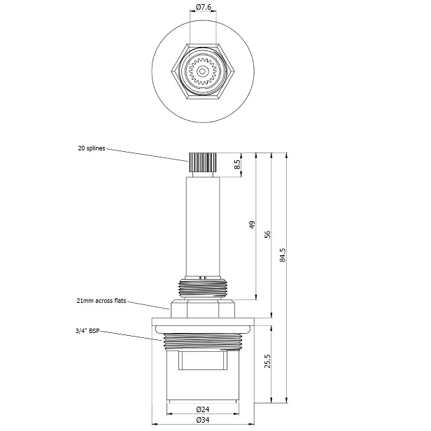 Tap Valve Insert Body & Gland - 1/2" BSP 20 Spline | Standard Tap Mechanism Repair Part
