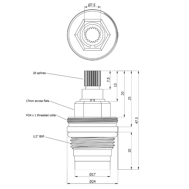 half inch bsp screw down tap cartridge glan005 799 dimensions