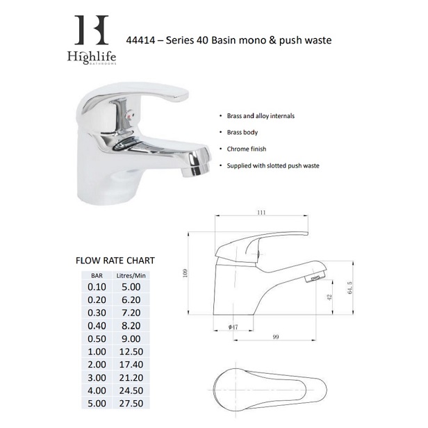 mono basin mixer data sheet